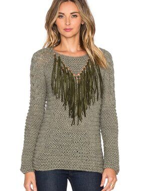 AYNI / Revolve Tara V Leather Fringe Sweater S